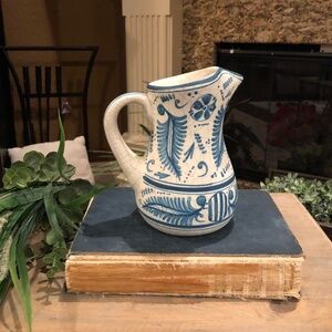 Benlloch Spanish Pitcher Vase Crackle Glaze Blue White 7 Inches Tall